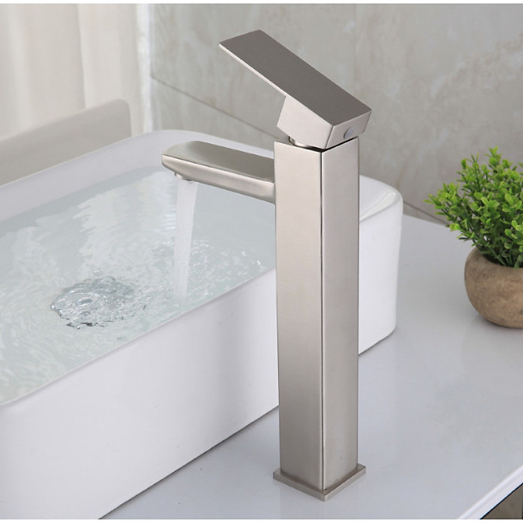 Vòi chậu rửa mặt lavabo vuông nóng lạnh inox 304 cao 30cm - tặng kèm bộ dây cấp nước nóng lạnh