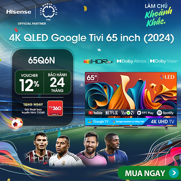 Google Tivi Hisense QLED 4K UHD 65 inch 65Q6N, Lắp Đặt Toàn Quốc - HÀNG CHÍNH HÃNG