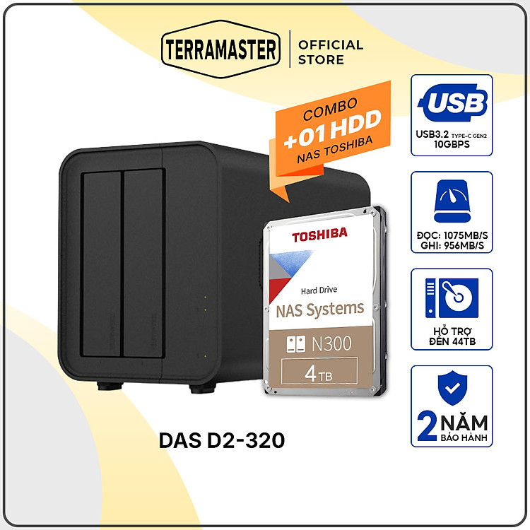 Combo thiết bị lưu trữ DAS TerraMaster D2-320 kèm ổ cứng NAS Toshiba N300 24/7 Hàng chính hãng