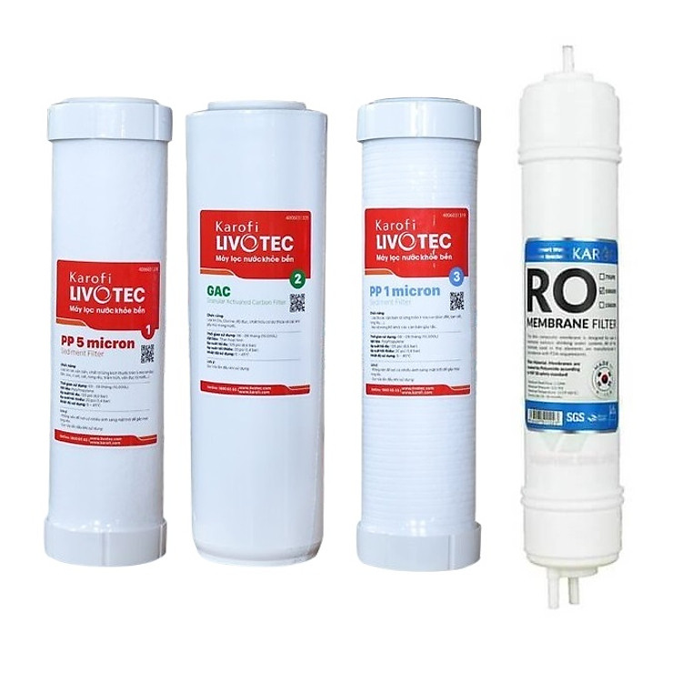 Combo Bộ 4 Lõi Lọc Nước Karofi Livotec 1,2,3 + Màng Lọc RO 100GPD Hàn Quốc (Lõi Số 4) - Hàng Chính Hãng