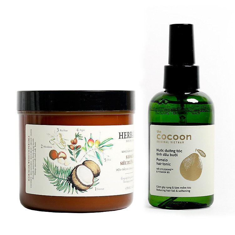 Combo kem ủ tóc herbario 500ml + Nước dưỡng tóc xịt bưởi pomelo cocoon 140ml