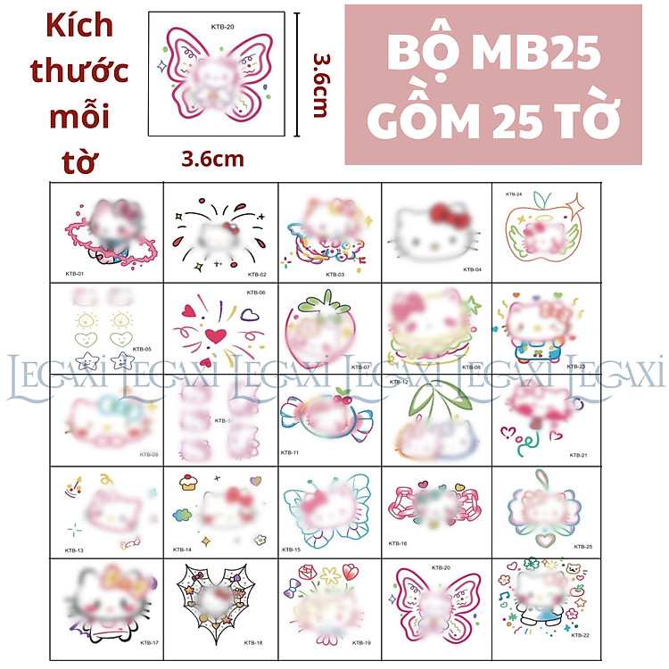 Set 25 Hình Xăm Dán Tạm Thời Cute Chống Thấm Nước Hình Mèo Hoa Nơ, Táo, Ngôi Sao Kẹo, Pháo Hoa