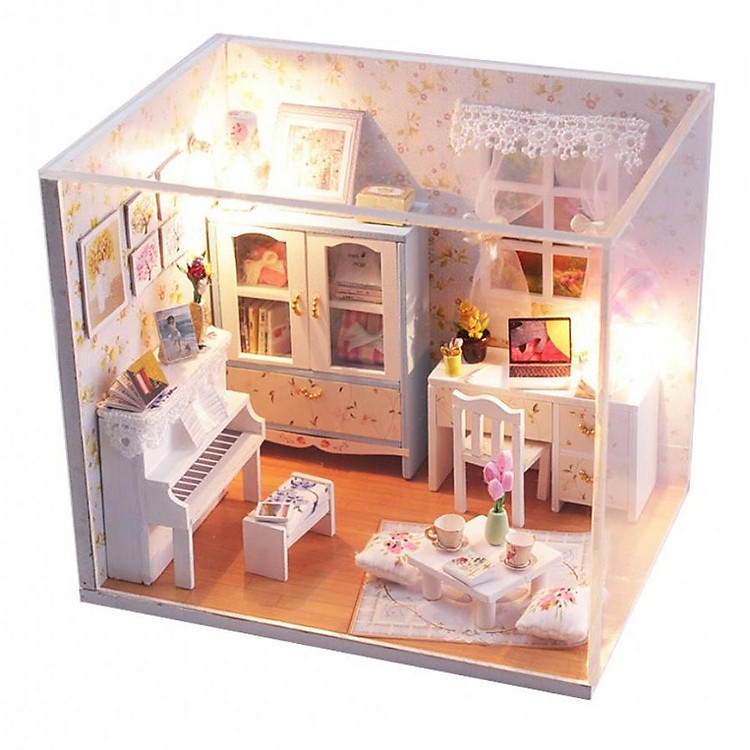 Mô hình tự lắp ghép nhà búp bê Cute Room - phòng khách piano trắng (có mica che bụi)