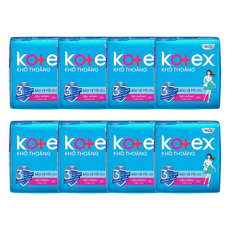 Combo 8 Gói Băng Vệ Sinh Kotex Khô Thoáng LST Siêu Mỏng Cánh (8 Miếng / Gói)