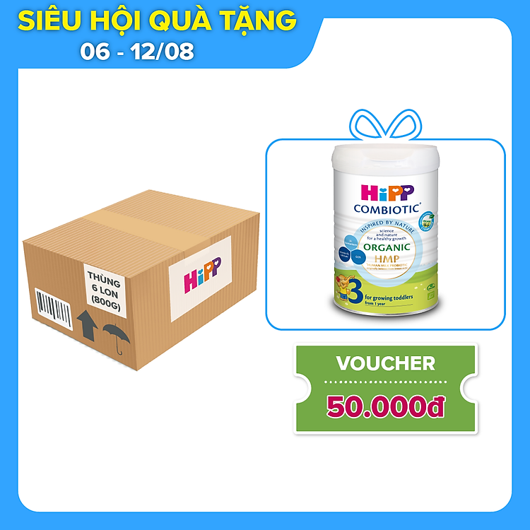 Thùng 6 lon sữa bột dinh dưỡng công thức HiPP 2 Organic Combiotic chất lượng hữu cơ tự nhiên an toàn, bổ sung Omega 3 (DHA & ALA) dành cho trẻ từ 6 đến 12 tháng tuổi (6 lon x 800g)