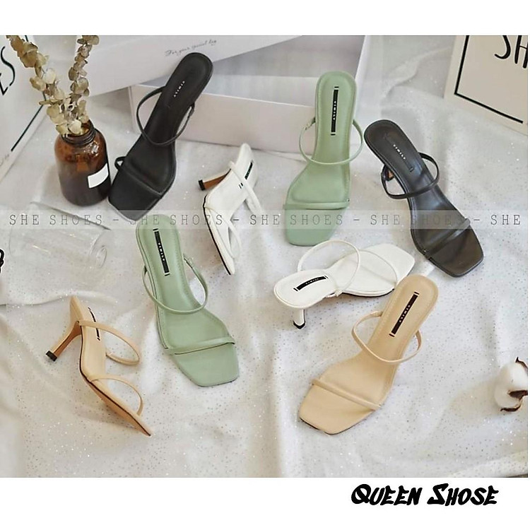 Dép / guốc cao gót 2 quai mảnh mũi vuông 7 phân - Sandal cao gót nữ 2 quai mảnh 7 phân