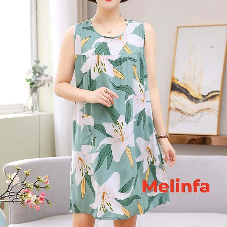 Váy ngủ ba lỗ nữ, đầm ngủ ba lỗ họa tiết nhiệt đới chất vải cotton lanh thoáng mát nhiều màu mã VAV0420