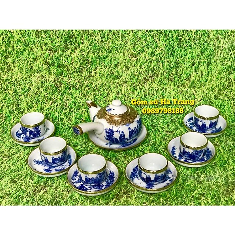 Bộ ấm chén bọc đồng quai ngang hoạ tiết trúc lâm thất hiền Gốm sứ Bát Tràng cao cấp
