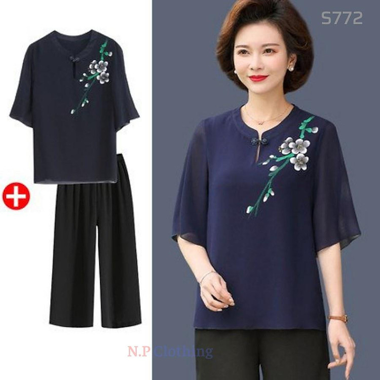 Đồ bộ nữ trung niên đồ bộ cho mẹ mặc nhà ống rộng, áo thêu hoa, vải voan mịn mát, có size lớn