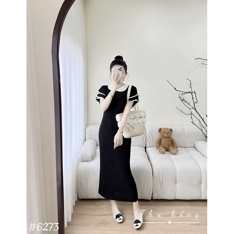 Váy len cổ sen tay bèo co dãn bầu mang được