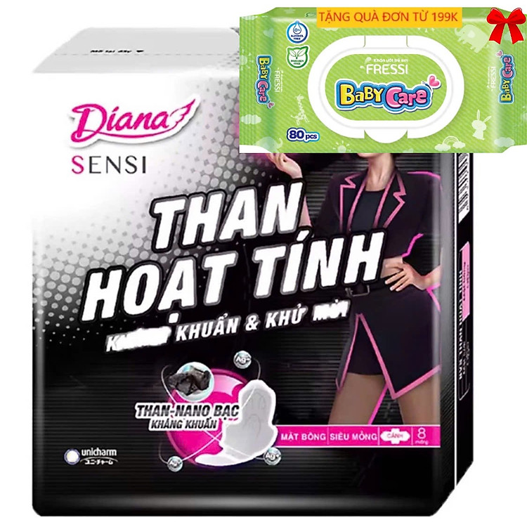 (23cm) Lốc 6 Gói Băng Vệ Sinh Diana Sensi Than Hoạt Tính Kháng Khuẩn và Khử Mùi Mặt Bông- Mỗi Gói 8 Miếng - Hsd Luôn Mới