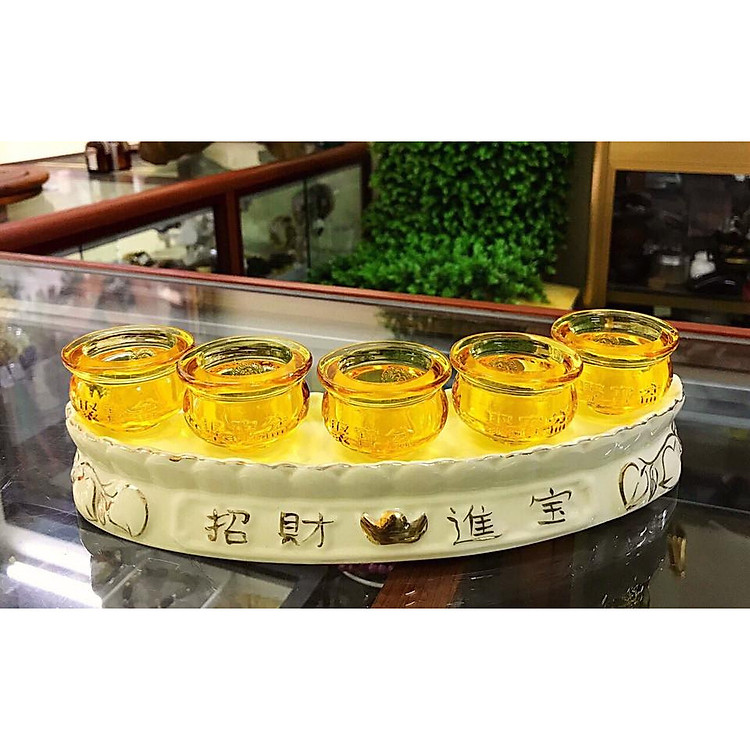 Bộ 5 chung nước thờ cúng ông thần tài thổ địa đá lưu ly vàng