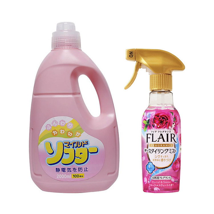 Combo Nước xả vải Daichi cao cấp 2L hương hoa + Xịt thơm và làm phẳng quần áo hương hoa KAO - Nội địa Nhật Bản