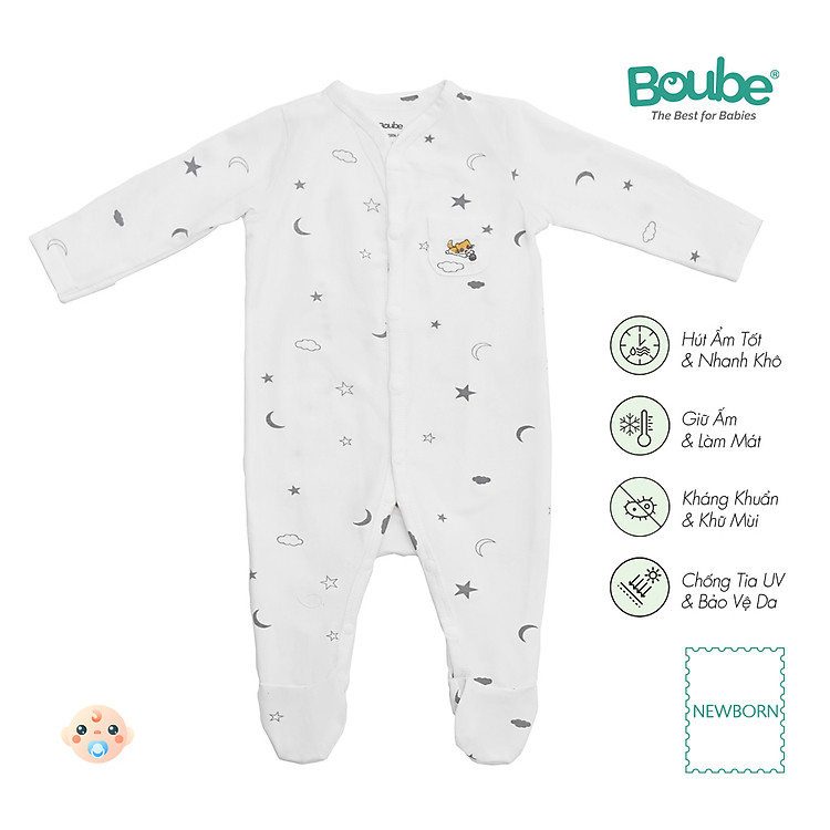 Bộ bodysuit, bộ liền thân liền tất họa tiết dễ thương cho bé sơ sinh Boube, vải cotton organic thoáng mát - Size Newborn