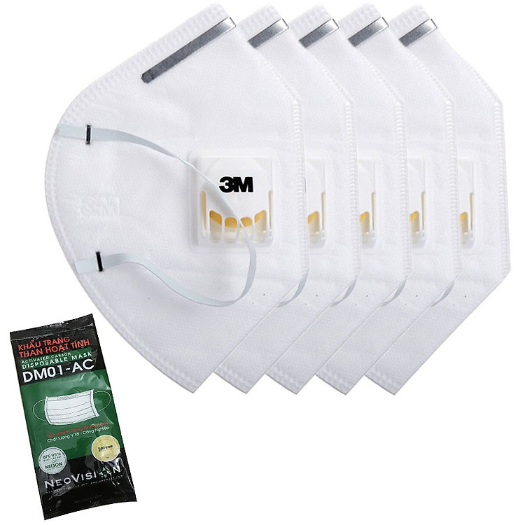 Combo 5 khẩu trang 3M 9001V có van thở, kháng khuẩn, chống bụi siêu mịn PM2.5 ; tặng khẩu trang Than Hoạt Tính NeoVision Neo DM01-AC