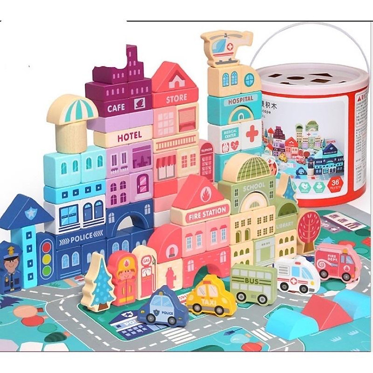 Bộ xếp hình thành phố gỗ cho bé Chính hãng Tiết kiệm