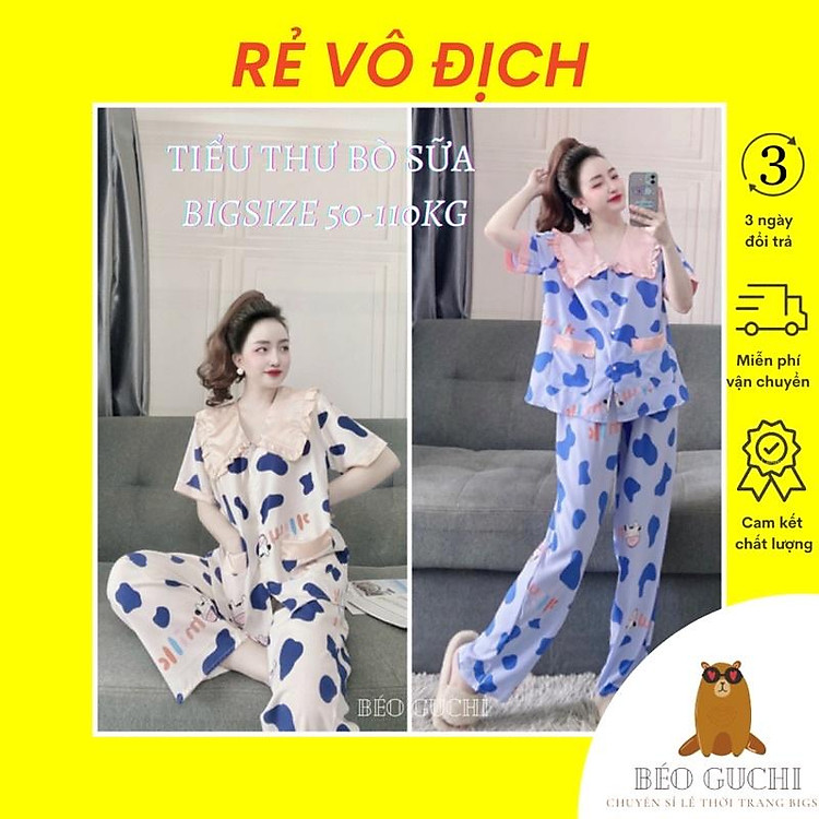 Pijama Bigsize tiểu thư BÒ SỮA 50-110kg Lụa Hàn trẻ trung mặc ở nhà xinh xắn Đồ bộ nữ đồ ngủ gọn dáng