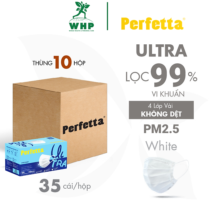 Thùng 350 Cái Khẩu Trang Y Tế Cao Cấp Perfetta Ultra 4 Lớp Kháng Khuẩn, Lọc Bụi Mịn PM 2.5 (35 cái/hộp)