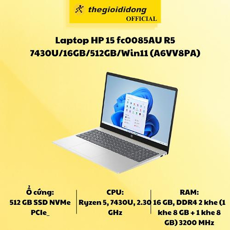 Laptop HP15 fc0085AU R5 7430U/16GB/512GB/Win11 (A6VV8PA) - Hàng Chính Hãng