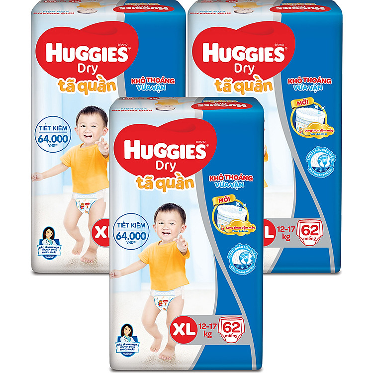Combo 3 Gói Tã Quần Huggies Dry Gói Cực Đại XL62 (62 Miếng) - Bao Bì Mới