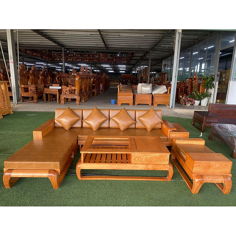 Bộ sofa gỗ phòng khách góc L chân choãi màu lau hương JNTV23 Tundo KT 2m75 x 2m