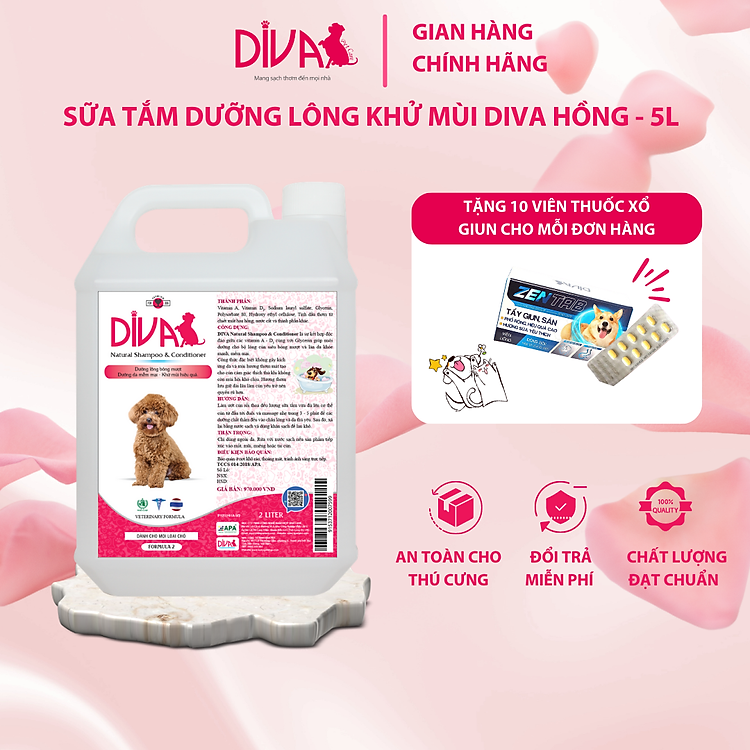 SỮA TẮM CHÓ DƯỠNG LÔNG KHỬ MÙI DIVA HỒNG 5L (DIVA FORMULA 2)