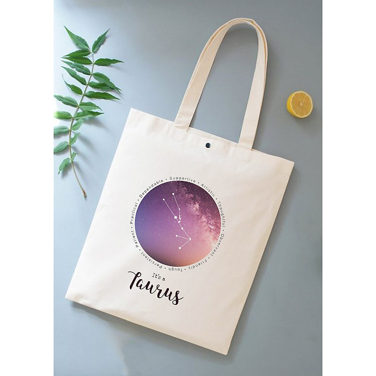 Túi Tote Vải Trắng Kiểu Basic Nút Bấm 33x38cm In Hình 12 Cung Hoàng Đạo - Tặng 1 Cupholder