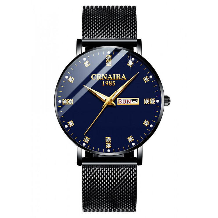 Đồng Hồ Nam 2 Lịch Crnaira CR0288 Mặt Đính Đá Dây Thép Mành