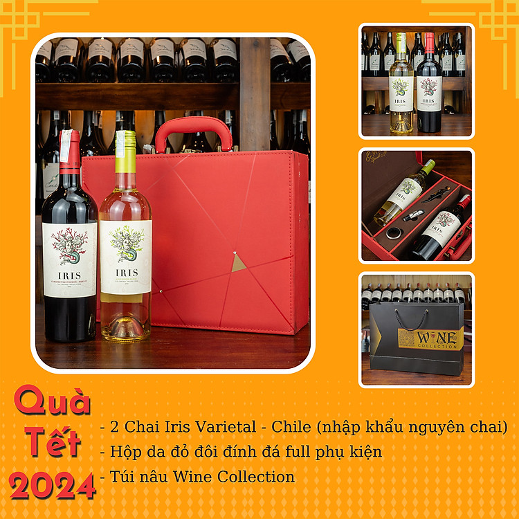Hộp sơn mài wine đỏ 2 chai rượu vang Chile Iris