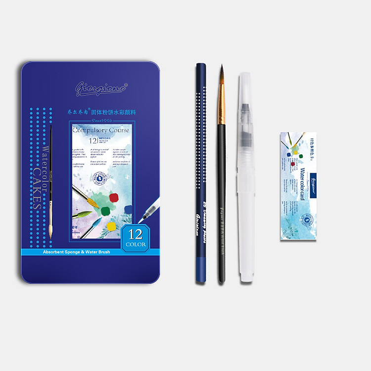 Bộ Màu Nước Vẽ Cao Cấp Dạng Nén - Tặng Kèm Cọ Tỉa, Cọ Nước, Bút Chì, Miếng Mút, Giấy Vẽ