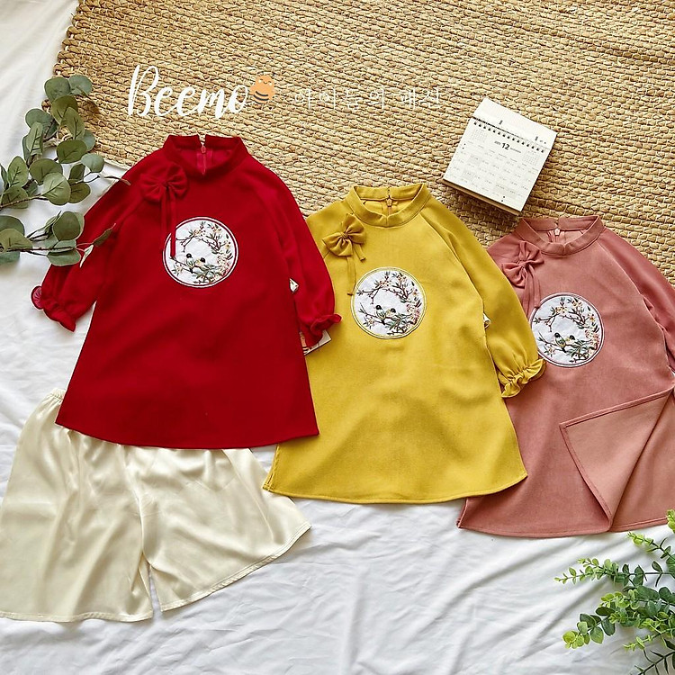 Set áo dài bé gái BEEMO, áo dài trẻ em thiết kế đính nơ cao cấp 9-23kg