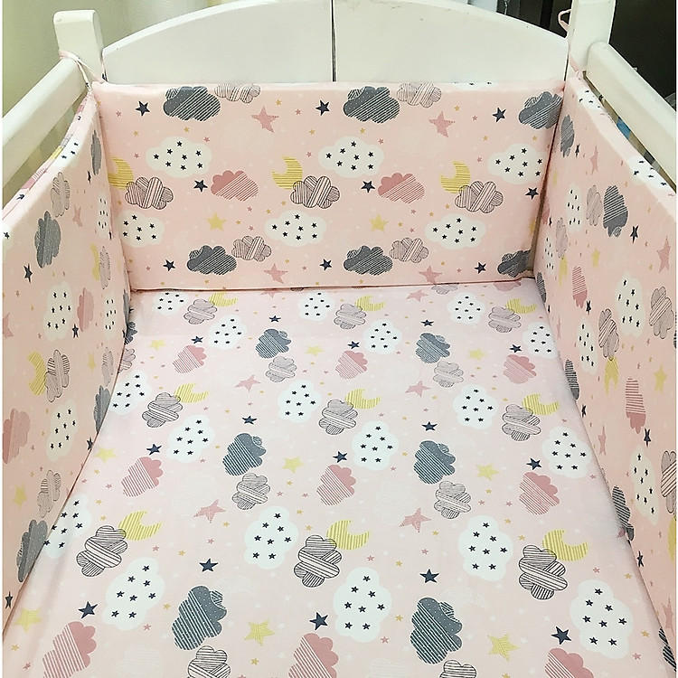 4 tấm quây cũi và ga chun bọc đệm mẫu mây hồng