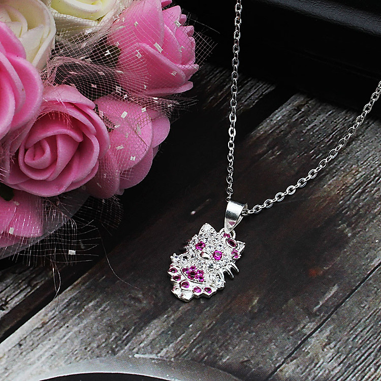 Dây Và Mặt Dây Chuyền Trẻ Em Bạc Hiểu Minh DTE056 mèo kitty đá đỏ