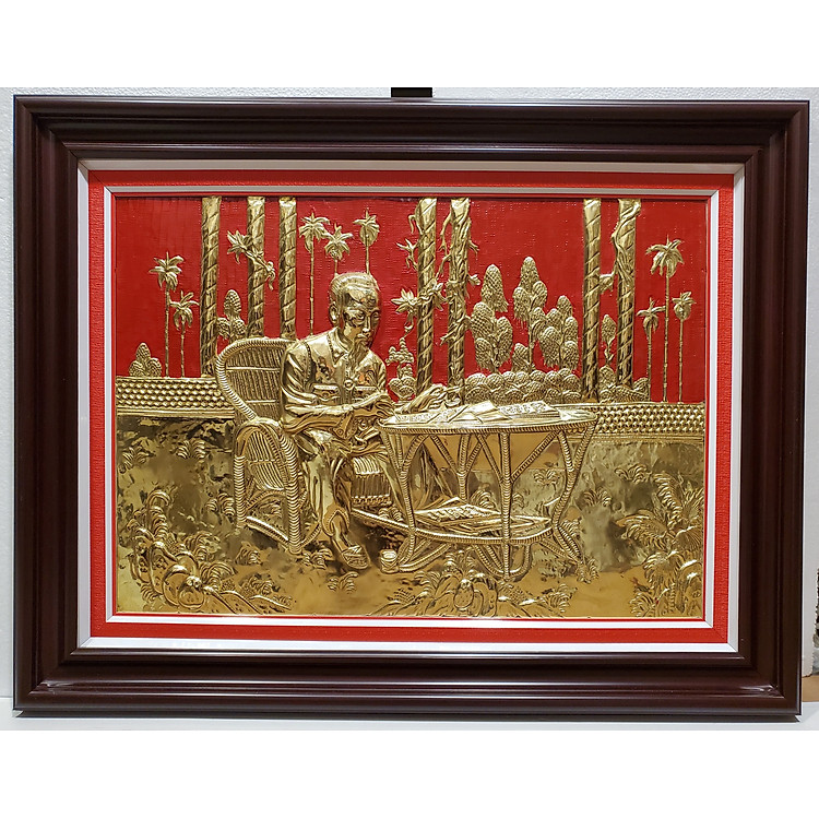 TRANH ĐỒNG VÀNG LIỀN TẤM, BÁC HỒ NGỒI GHẾ MÂY LÀM VIỆC TRONG VƯỜN HOA PHỦ CHỦ TỊCH