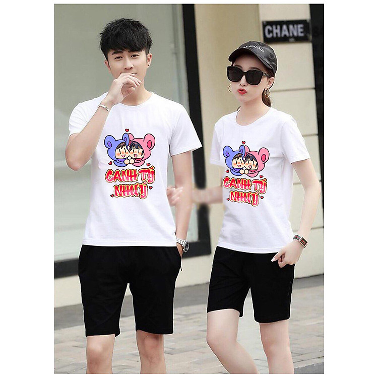 Set 2 Bộ Đồ Đôi Đi chơi Tết Quần đen Áo Trắng in Họa Tiết xinh xắn thời trang- Gía combo 2 bộ