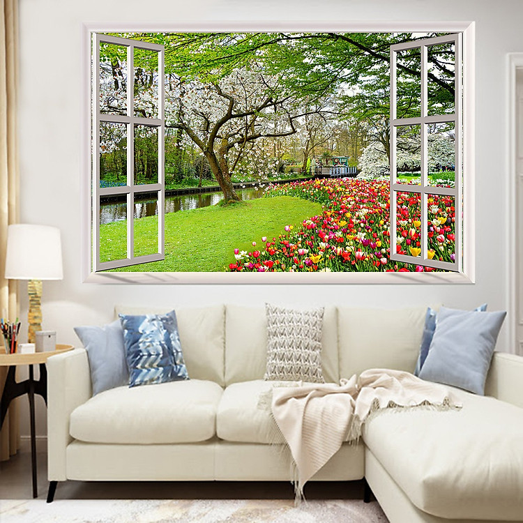 Tranh dán tường 3d cửa sổ hoa tulip - tranh dán tường phòng khách - phòng ngủ - không phai màu CS91