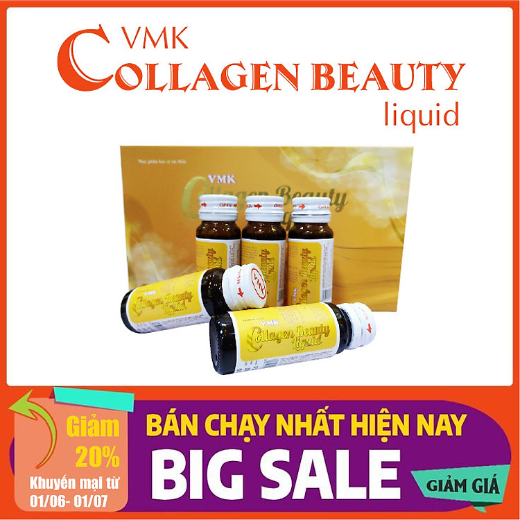 VMK Collagen Beauty Liquid - Collagen Collagen thủy phân làm trắng da, da căng bóng, giảm nếp nhăn, mờ nám, tàn nhang, tăng nội tiết Hộp 5 lọ 30ml