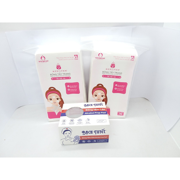 combo 2 gói tẩy trang bề mặt mịn (gói 180 miếng)+1 hộp bông tâm cồn bạch tuyết (100 miếng)