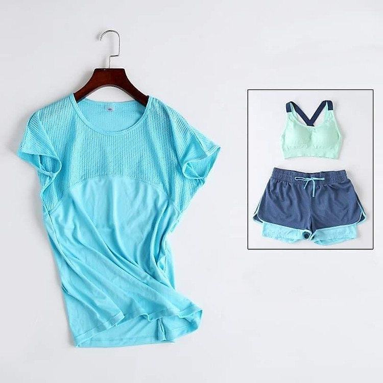 set quần áo thể thao tập gym yoga nữ ngẵn ( áo thun + quần đùi + áo bra nữ ) skn01