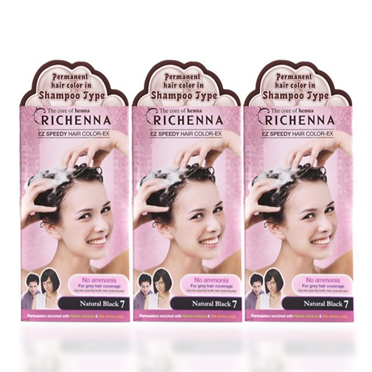 COMBO 3 hộp Gội nhuộm phủ bạc thảo dược Richenna EZ Speedy Hair Color-EX Hàn Quốc màu đen tự nhiên 60G