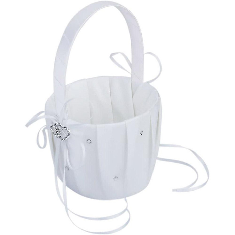 Cloth Wedding Flower Girl Basket with Double Heart Bowknot 13×22cm