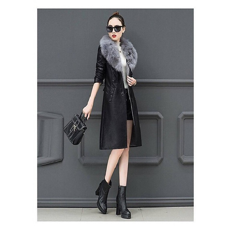 ÁO KHOÁC DA DÁNG DÀI PHỐI LÔNG CỔ