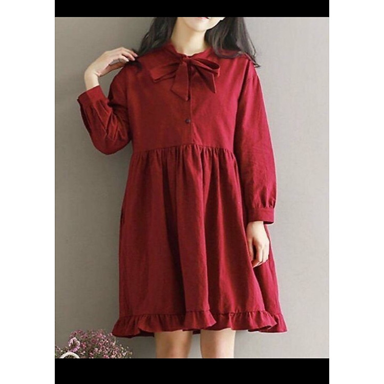 Đầm babydoll đỏ nơ cổ