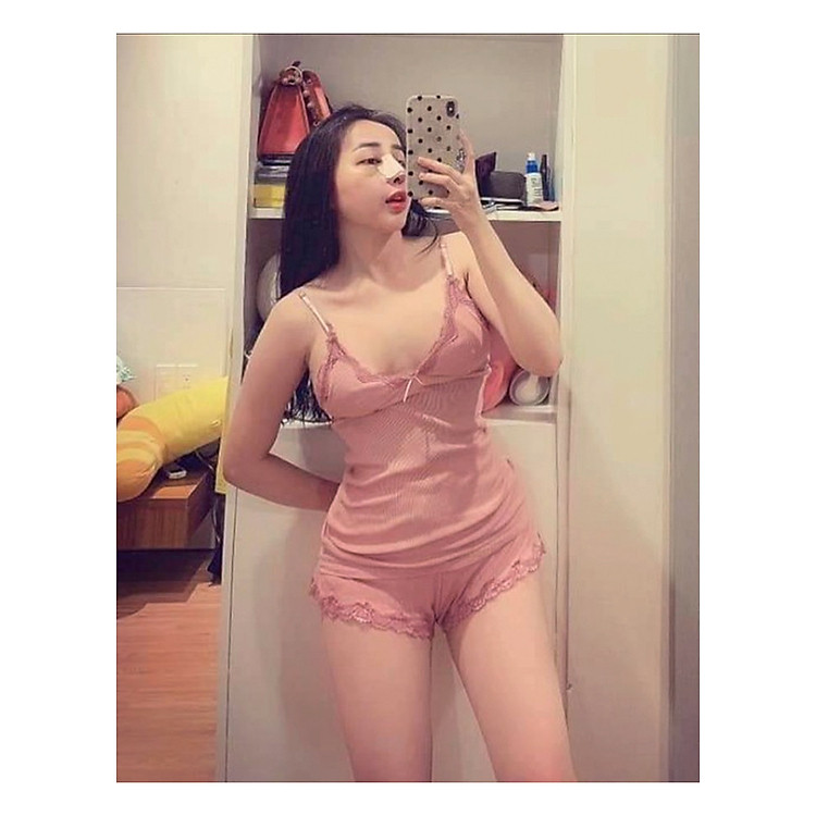 Bộ Đồ Ngủ Hai Dây Tăm Phối Ren Gợi Cảm