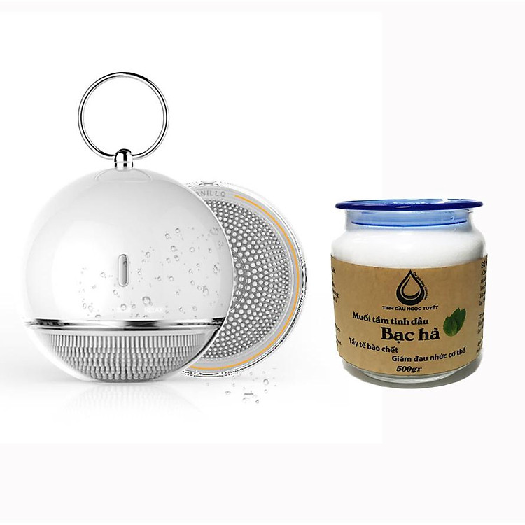 Combo máy làm sạch và massage mặt Mipow anillo pro-sonic từ USA và hũ muối tắm bạc hà 500g