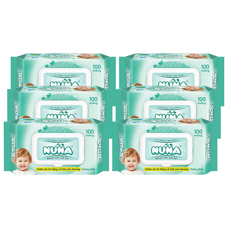 Combo 6 Bao Khăn Ướt Em Bé Nuna Hương Phấn 100 Miếng/Bao Tinh Chất Lô Hội