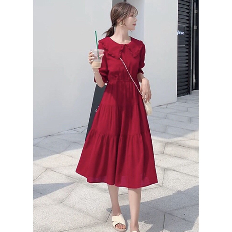 Đầm đỏ cổ bèo 3 tầng