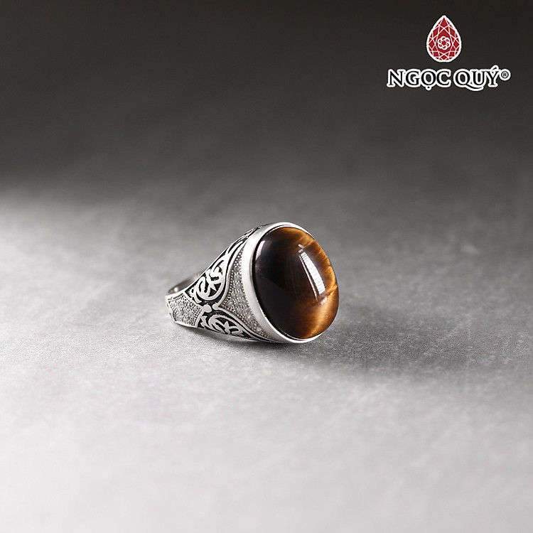 Nhẫn bạc nam đá mắt hổ vàng nâu ni 19 mệnh thổ, kim - Ngọc Quý Gemstones