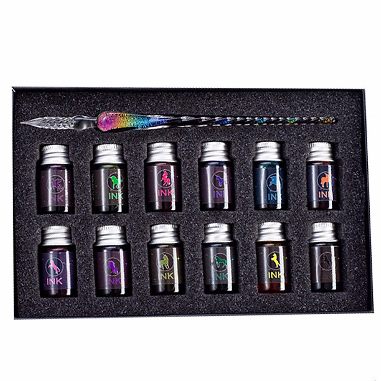 Set bút thủy tinh kèm 12 màu mực ánh kim tuyến