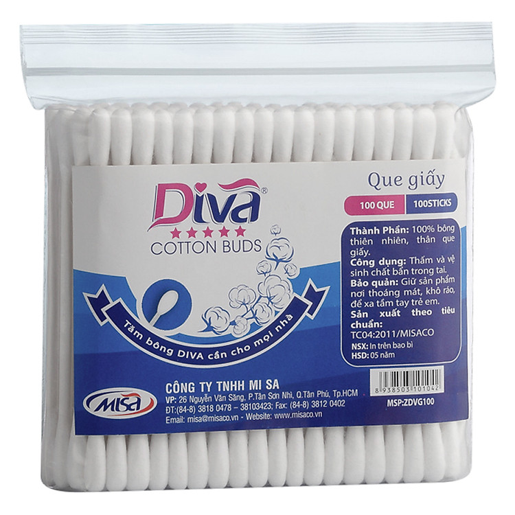 Tăm Bông Diva Thân Giấy Túi - 100 Que